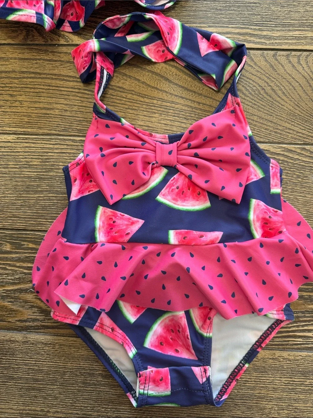 Girls' Navy & Pink Watermelon‎ One-Piece Swimsuit with Matching Hat Adorable 0-3